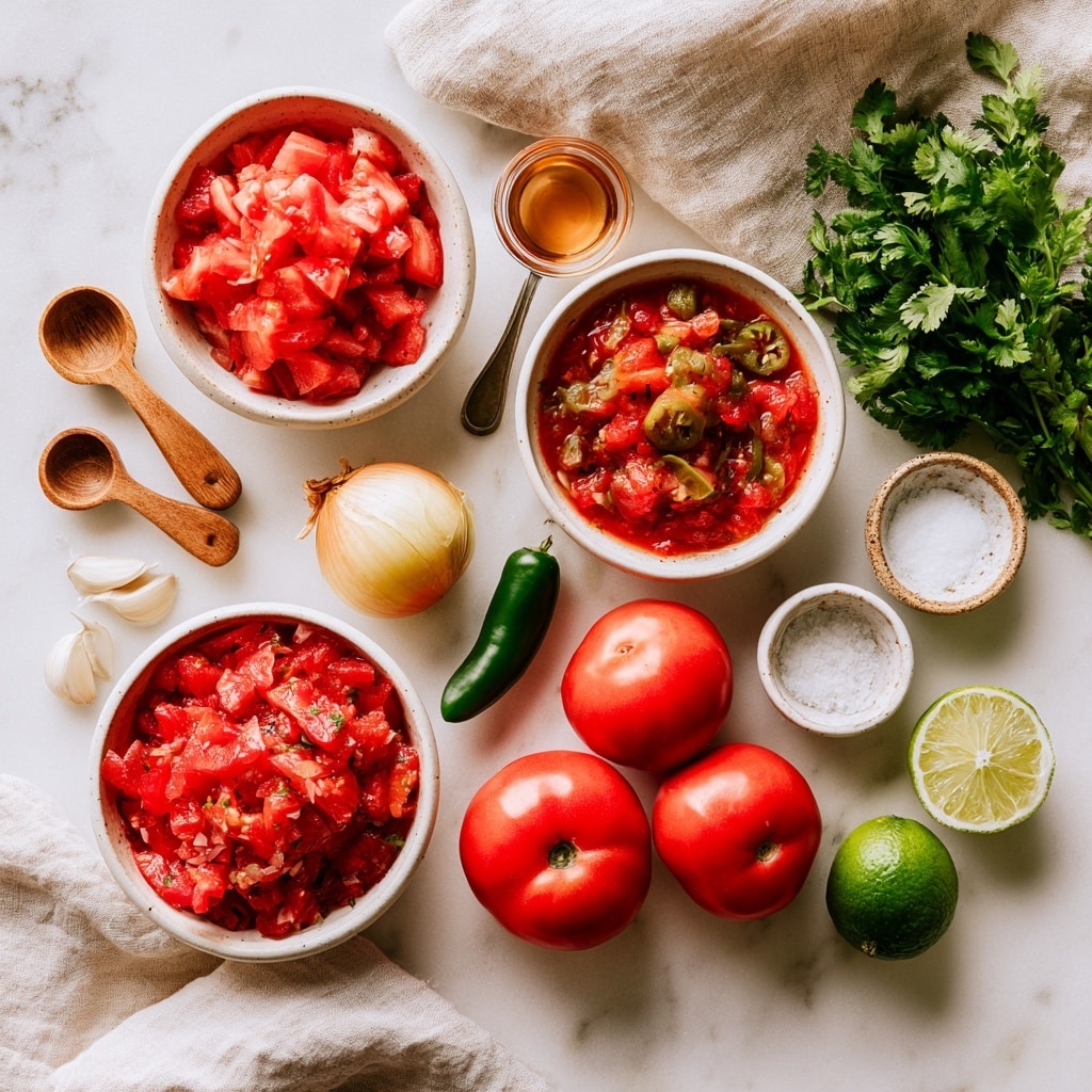 The image shows two side-by-side close-up views in a white bowl with various fresh ingredients for salsa. On the left, there are visible layers including bright green cilantro leaves, a halved lime with a light green interior, chopped white onion chunks, whole peeled garlic cloves, diced green chili peppers, and some salt on top of a rich red chili base. On the right, the contents have been blended into a chunky red salsa with bits of green herbs and white onion pieces evenly mixed, showing a thick texture inside the bowl. The background is white marble. Photo taken with an iphone --ar 4:5 --v 7
