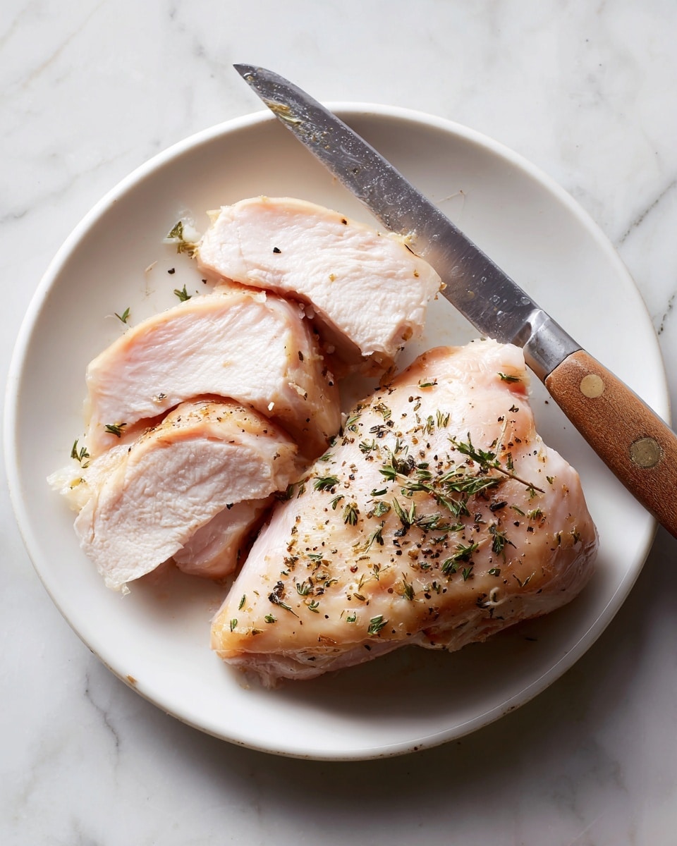 A white plate on a white marbled surface holds two raw chicken pieces side by side. The left chicken piece is sliced open in the middle showing the light pink layers of meat inside, while the right piece is whole with a light sprinkle of dried herbs and black pepper on top. A knife with a wooden handle rests diagonally on the right chicken piece, its blade touching the chicken skin. The colors are soft pinks and light beige with dark specks of herbs scattered around. photo taken with an iphone --ar 4:5 --v 7