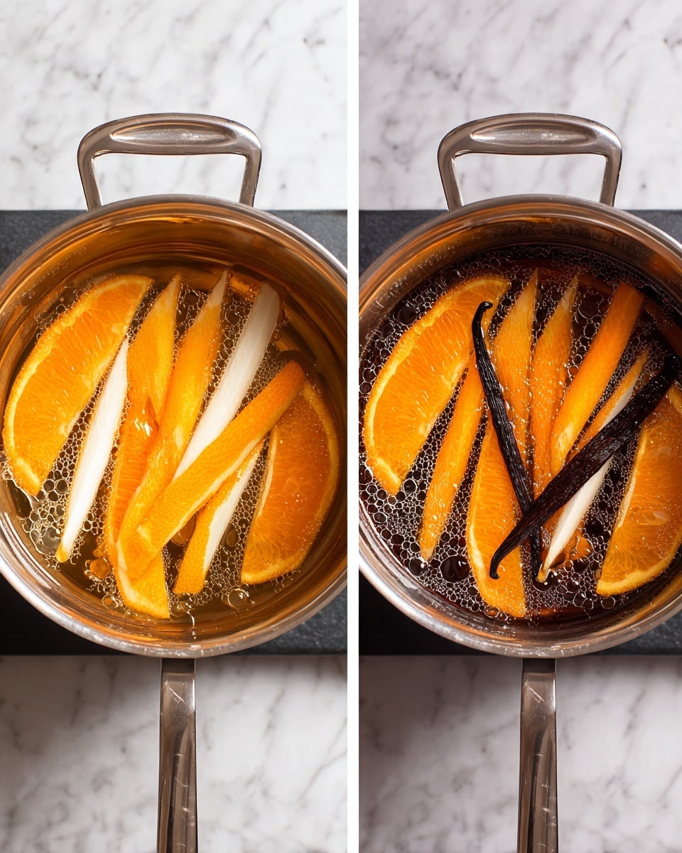 The image shows two side-by-side photos of a stainless steel pot on a stove. In the first photo, the pot is filled with water and several long, thin strips of orange peel floating on top, bright orange on the outside and white on the inside, creating a layered look. In the second photo, the strips are still floating, but the water is boiling, with bubbles rising around the peels, and a dark brown vanilla bean pod in the shape of a triangle is also floating on top. The stove and background have a white marbled texture. photo taken with an iphone --ar 4:5 --v 7