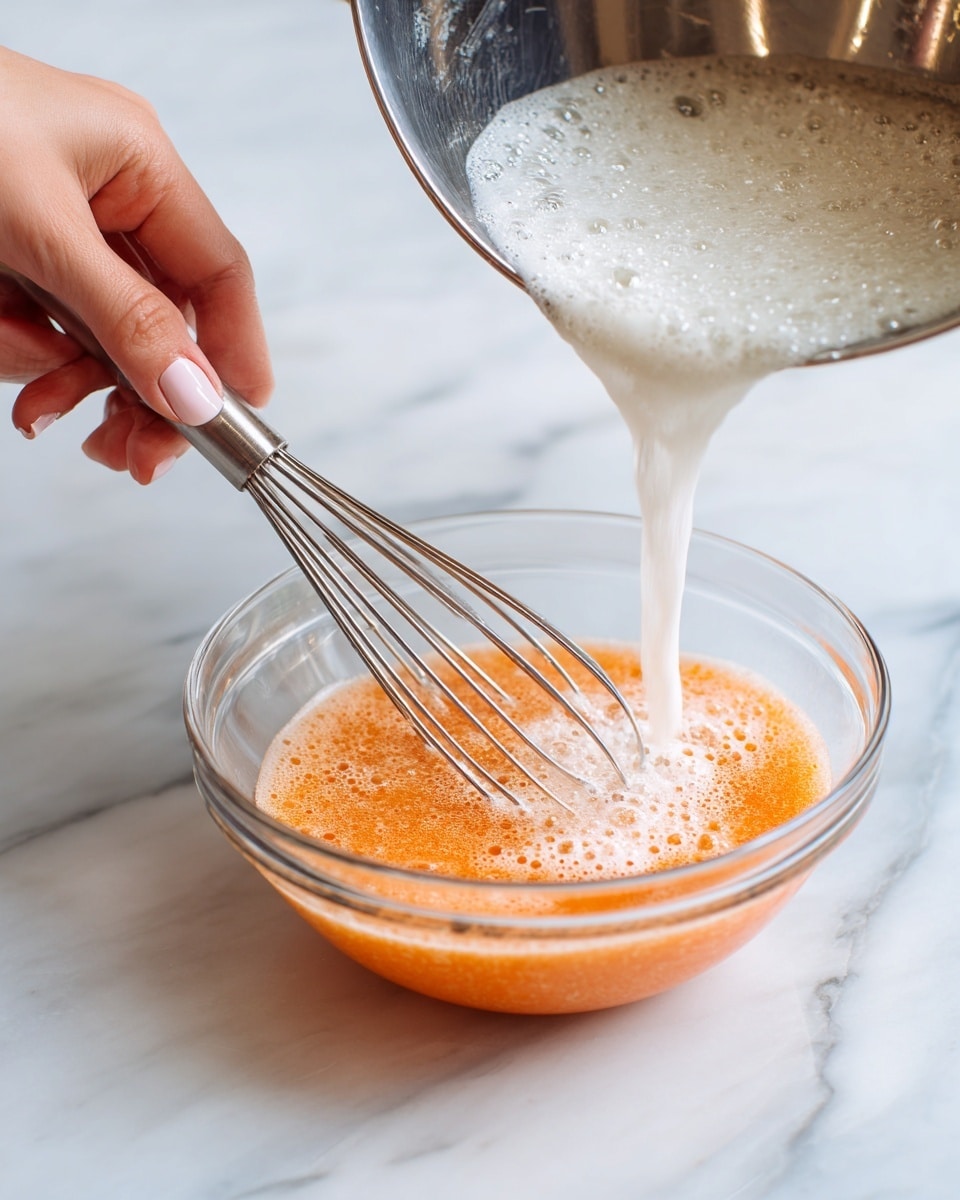 A close-up image shows a stainless steel pan filled with a smooth white liquid. A woman's hand is pouring a golden amber liquid from a clear ribbed glass jar into the center of the pan. The pan is placed on a white marbled surface, and the lighting highlights the soft bubbles around the edges of the white liquid, creating a calm and clean look. photo taken with an iphone --ar 4:5 --v 7