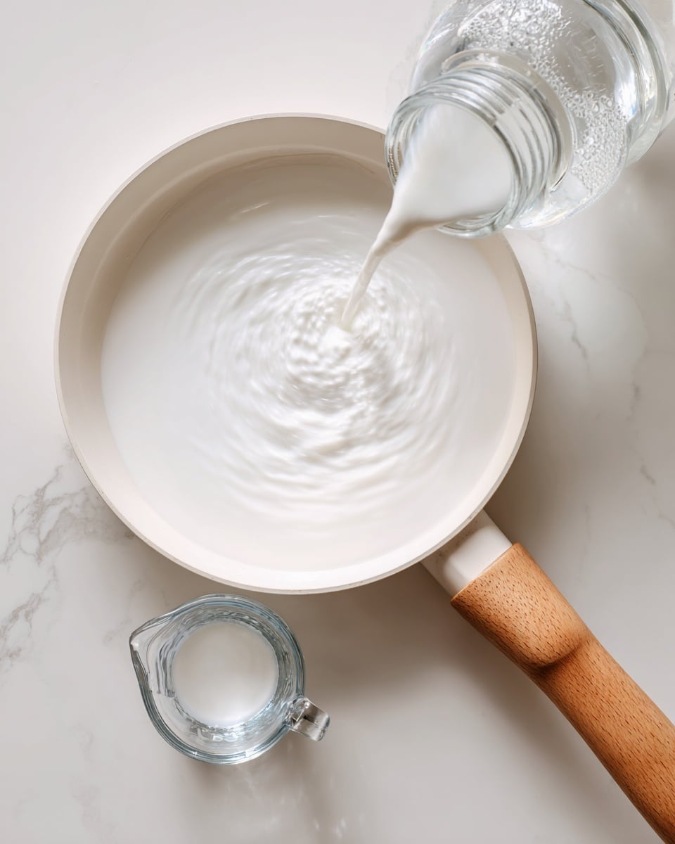 A white pan with a wooden handle is shown from above on a white marbled surface. Inside the pan, a thick, smooth white liquid is being poured from a clear glass bottle, creating soft ripples in the liquid. Near the pan is a clear glass measuring cup with a little white liquid inside. The scene is bright with a clean, simple look photo taken with an iphone --ar 4:5 --v 7