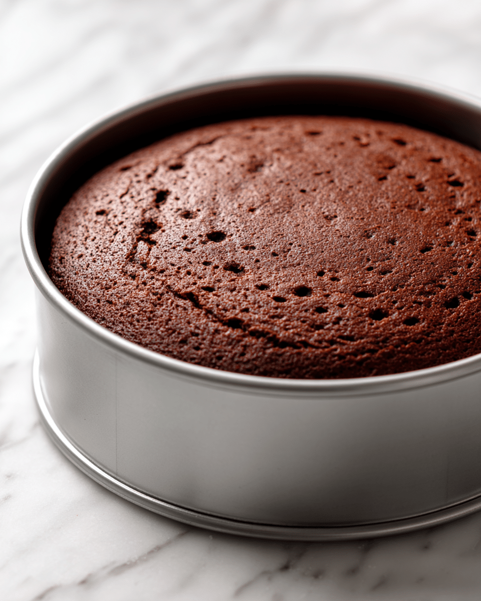 A single round layer of chocolate cake with a light, airy texture and a slightly cracked surface sits inside a silver springform pan. The cake is medium brown with small holes and a gently uneven top. The pan is placed on a white marbled surface that adds a clean, bright contrast to the rich chocolate color. There are no other elements or decorations visible in the image photo taken with an iphone --ar 4:5 --v 7