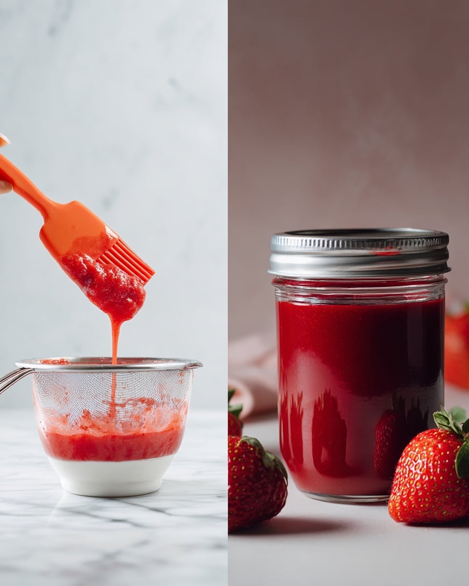 The image shows two parts: on the left, a white measuring jug with bright red crushed strawberries being pressed through a metal fine strainer by an orange spatula with a wooden handle, with bright red strawberry juice collecting below; on the right, a clear glass jar filled with deep red strawberry juice placed on a white marbled surface, with a metal lid behind it and two fresh strawberries with green leaves nearby, all under soft natural light. photo taken with an iphone --ar 4:5 --v 7