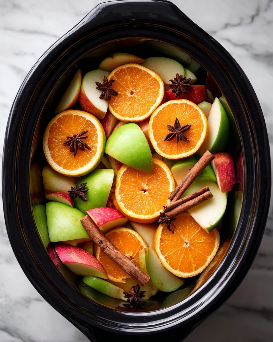 The image shows a black slow cooker filled with a colorful mix of fruit and spices. The bottom layer is made up of thick slices of both green and red apples. On top of the apples are several bright orange round slices of oranges, some with brown cloves stuck in the center. There are also whole cinnamon sticks scattered across the oranges and apples, adding a warm brown contrast. The fruit pieces look fresh and juicy, sitting in the slow cooker on a white marbled surface in soft natural light. photo taken with an iphone --ar 4:5 --v 7