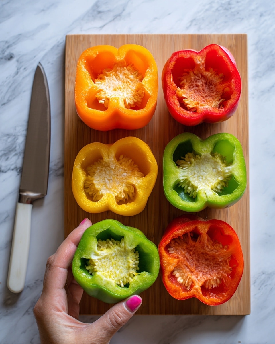 The image shows six bell pepper halves placed on two different surfaces. On the left side, three orange, green, and red bell pepper halves are sitting on a light wooden board next to a white knife with a black handle. On the right side, two orange, two red, and two green bell pepper halves stand on a white surface with a white marbled background. A woman's hand is holding one green bell pepper half. The peppers are hollow with visible seeds removed, and the inside textures of the peppers are detailed, showing the natural ribbed patterns. The colors are bright and fresh, with the peppers overlapping slightly. photo taken with an iphone --ar 4:5 --v 7