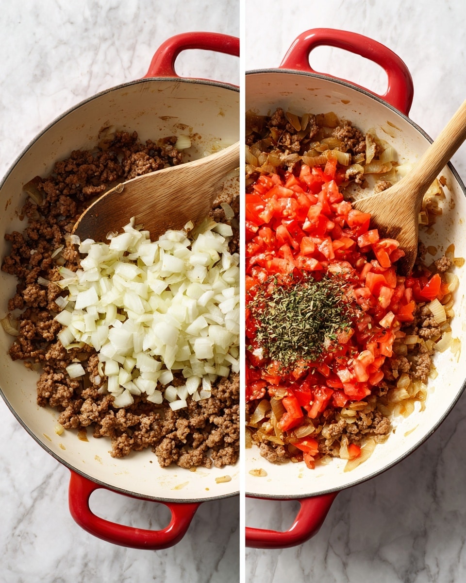 The image shows two side-by-side photos of a white enameled pan with red edges on a white marbled surface. In the first photo, the pan holds cooked brown ground meat on the left side, and three sections of chopped white onions and minced garlic on the right side. A wooden spatula is placed inside the pan, leaning over the onions and garlic. The second photo shows the same pan with the cooked ground meat and onions mixed together, with a pile of bright red diced tomatoes and green dried herbs added on top. The wooden spatula is stirring the mixture, and the pan remains on the white marbled surface. photo taken with an iphone --ar 4:5 --v 7