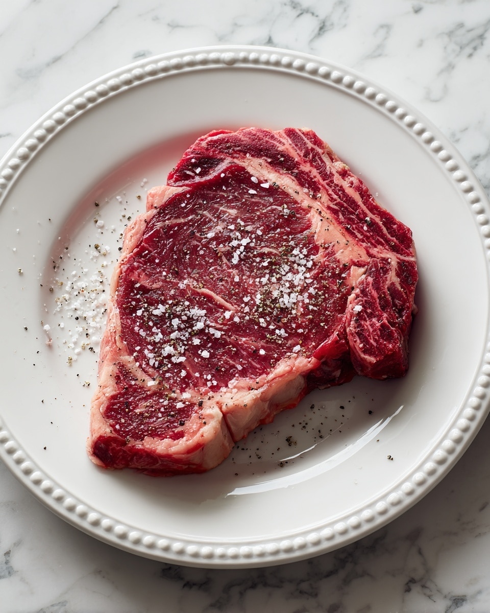 A single large raw steak with visible marbled fat, laid flat on a white plate with a decorative edge. The steak is covered evenly with coarse salt and black pepper, showing a mix of white and dark specks on top. The plate sits on a white marbled surface, adding a clean and simple background to the rich red and pink tones of the meat. Photo taken with an iphone --ar 4:5 --v 7