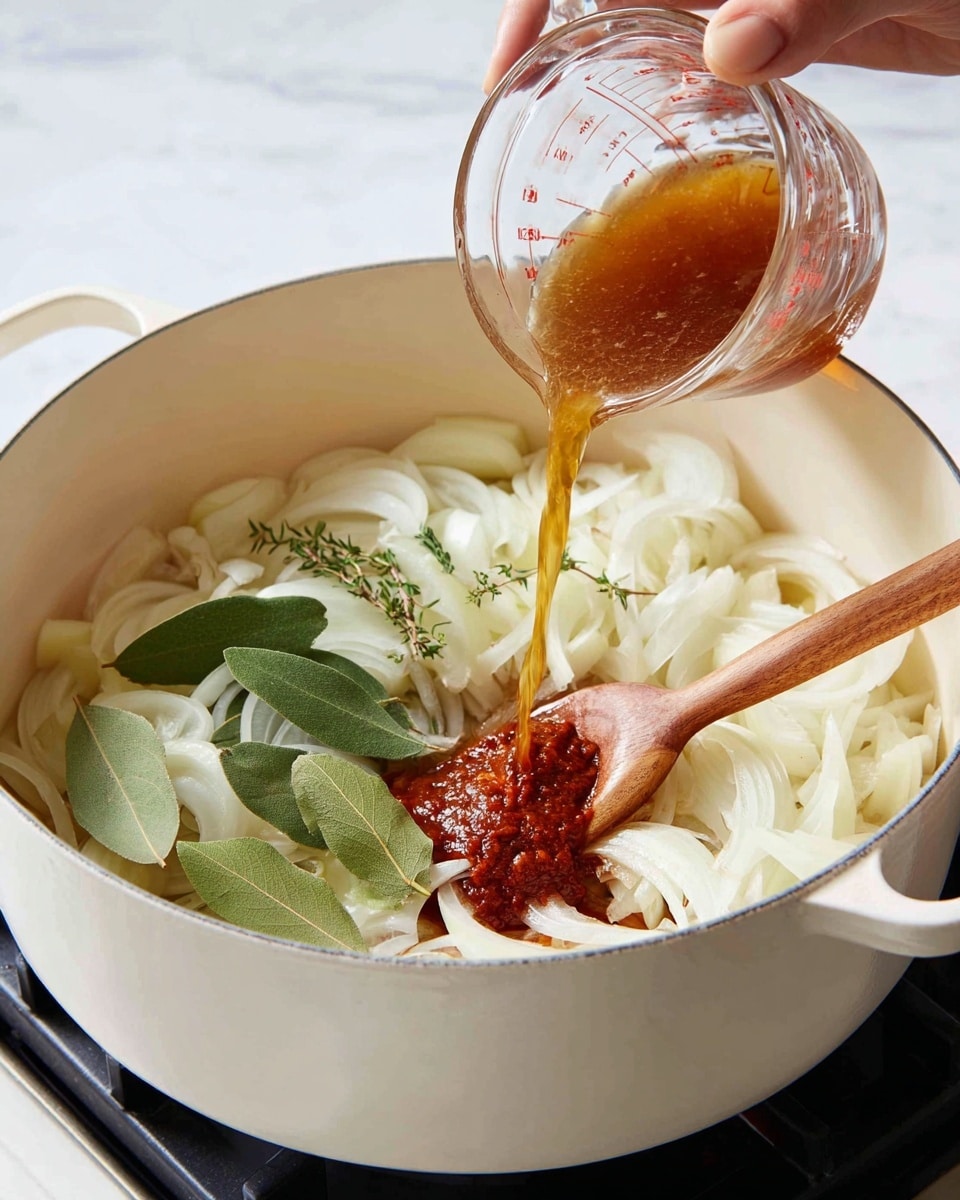 A white round pot filled with sliced onions that are light brown and soft, sitting on a white marbled stove. The first layer shows the onions being stirred with a wooden spoon by a woman's hand. The second layer adds a clear brown liquid being poured into the pot from a glass measuring cup by a woman's hand. The third layer shows a dollop of thick red paste added on top of the onions and liquid. The fourth layer shows fresh green herbs and bay leaves placed on the surface of the liquid and onions, with the wooden spoon stirring them gently. Photo taken with an iphone --ar 4:5 --v 7