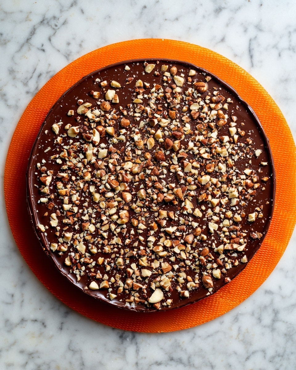 The image shows two close-up views of a round, flat layer of chocolate with embedded nuts resting on a white marbled surface covered with an orange-bordered silicone baking mat. The first view displays a smooth, shiny chocolate layer with a thick texture spotted evenly with small nuts, giving a bumpy appearance. The second view shows the same chocolate layer but topped with a generous scattering of chopped nuts that vary in size, adding texture and color contrast to the dark glossy chocolate base. Photo taken with an iphone --ar 4:5 --v 7