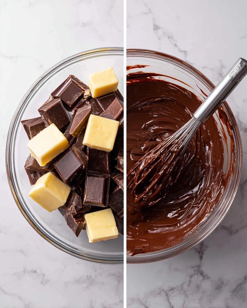 The image shows two side-by-side photos. The left photo has a clear glass bowl on a white marbled surface filled with thick pieces of dark brown chocolate and several pale yellow butter cubes. In the right photo, the same clear glass bowl now contains smooth, glossy dark chocolate mixture being stirred with a metal whisk, also placed on a white marbled surface. The chocolate looks shiny and rich, with some streaks on the sides of the bowl from mixing. The overall colors are dark brown and pale yellow against clear glass and white marble. photo taken with an iphone --ar 4:5 --v 7