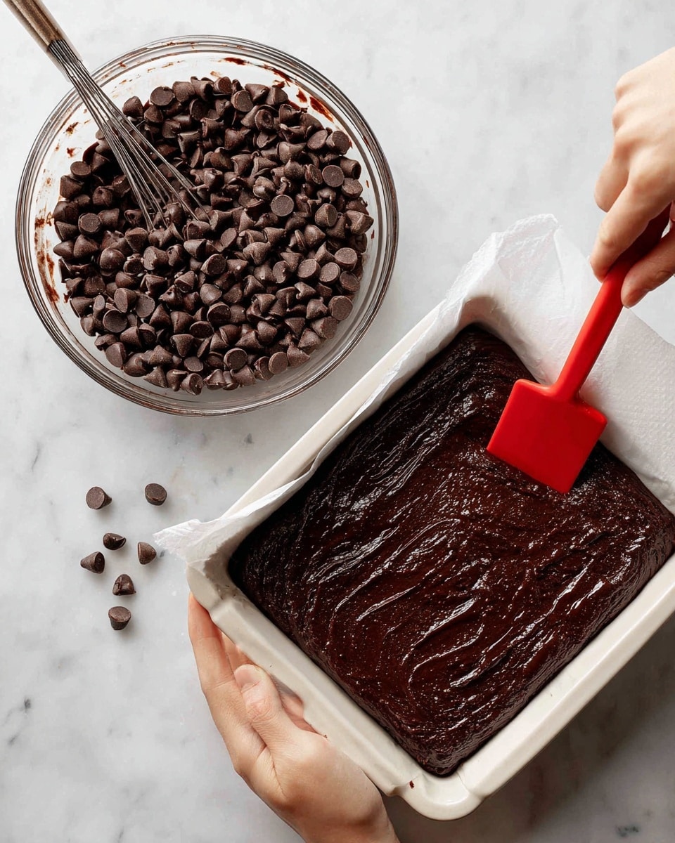 The image shows two parts of making chocolate brownie batter. On the left, there is a clear glass bowl filled with thick dark brown batter, topped with many dark brown chocolate chips. A metal whisk is partially visible, stirring the chips into the batter. On the right, the brownie batter is spread evenly inside a white square baking dish lined with white parchment paper. A bright red spatula held by a woman's hand is smoothing the thick, dark brown batter in the dish. Both scenes have a white marbled texture surface underneath. Photo taken with an iphone --ar 4:5 --v 7