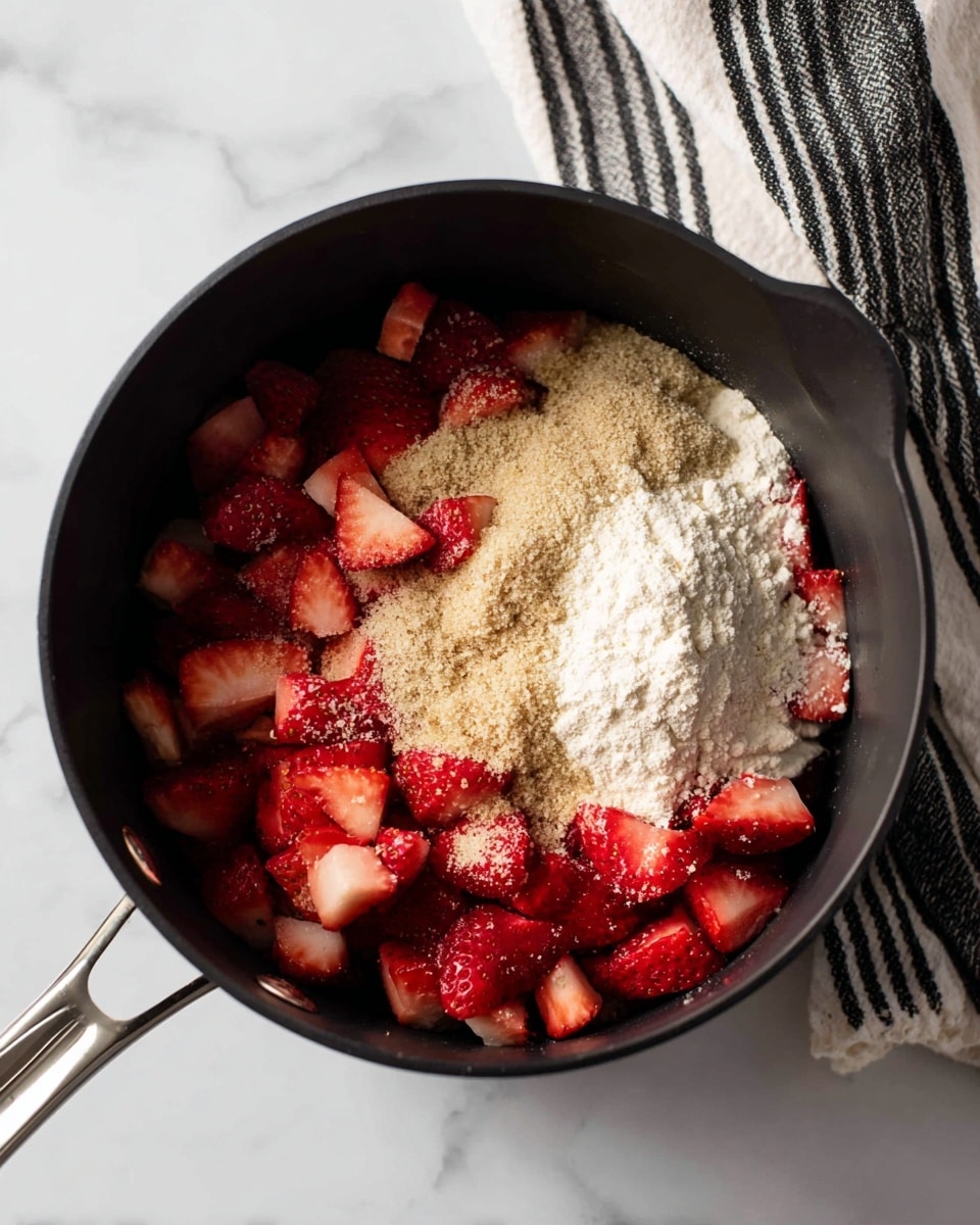 Inside a black pot are three layers: the bottom layer has many small red and pink pieces of chopped strawberries, the middle layer is a heap of light brown sugar scattered unevenly, and the top layer is a smaller pile of white flour with a powdery texture. The pot is sitting on a white marbled surface, with a black and white striped cloth partially visible in the background. The handle of the pot is silver and shiny. photo taken with an iphone --ar 4:5 --v 7