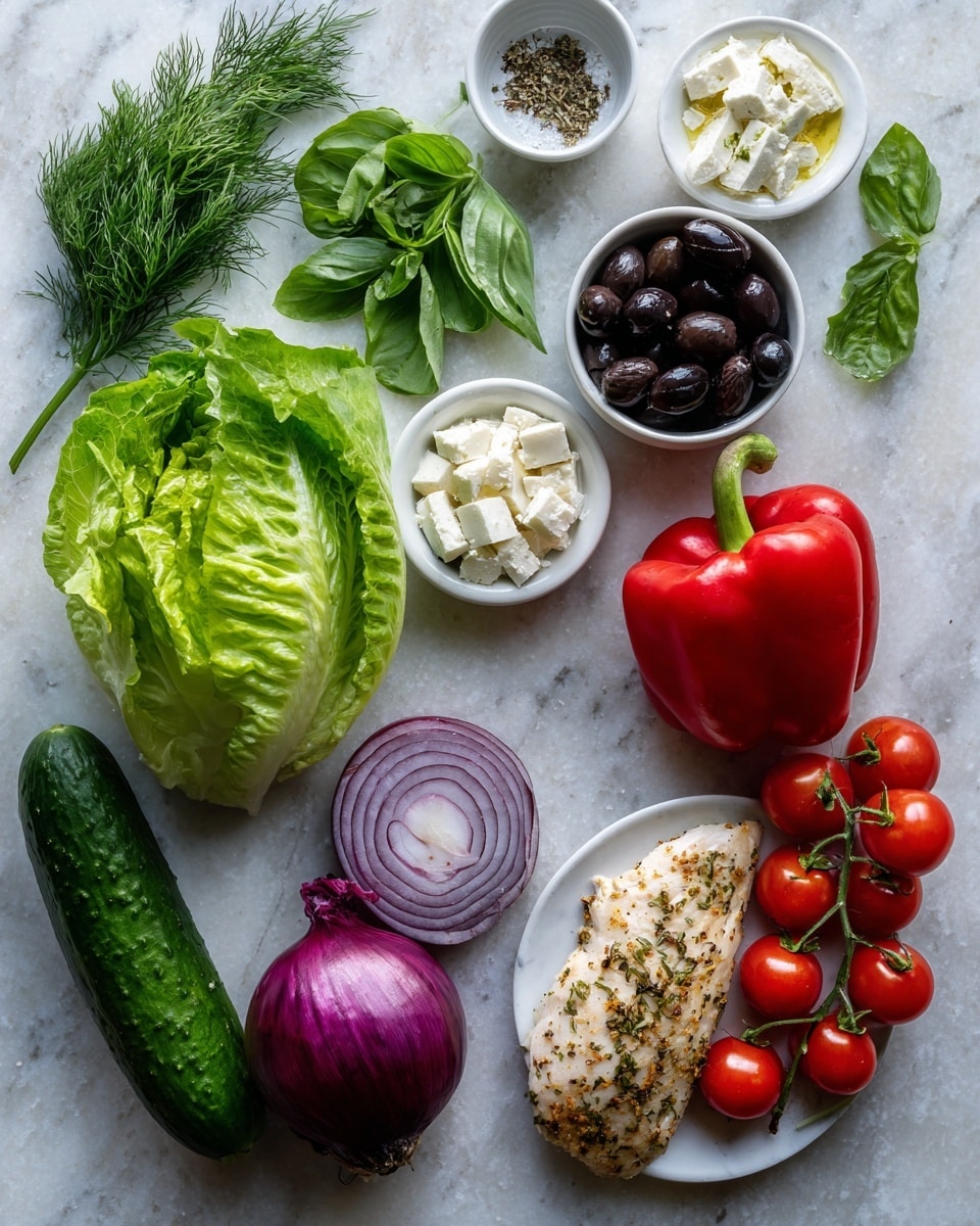A clear glass bowl on a white marbled surface holds a colorful layered salad. The bottom layer is chopped green lettuce, above it are layers of diced red bell peppers, finely chopped purple onions, finely cut cucumbers, and small cubes of white cheese. Next to the cheese are dark sliced olives and small pieces of chopped chicken. In the center is a pile of fresh chopped green herbs. A woman's hand is pouring a light yellow dressing from a textured clear glass bowl over the salad, adding a glossy touch. Photo taken with an iphone --ar 4:5 --v 7