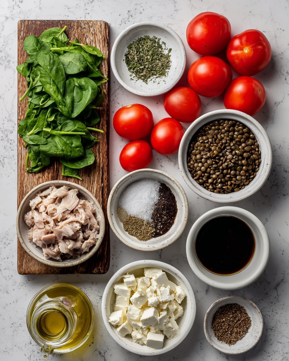 A large clear glass bowl holds a mix of small, finely chopped red tomatoes with a spoon stirring them inside. Surrounding the bowl on a white marbled surface are five smaller white bowls containing different ingredients: small diced white pieces of cooked chicken on the left, bright green chopped chives above, round brown capers to the top right, chopped fresh green parsley to the far right, and soft white crumbled cheese below the parsley. A woman's left hand steadies the large bowl while her right hand holds the spoon stirring the tomatoes. Photo taken with an iphone --ar 4:5 --v 7