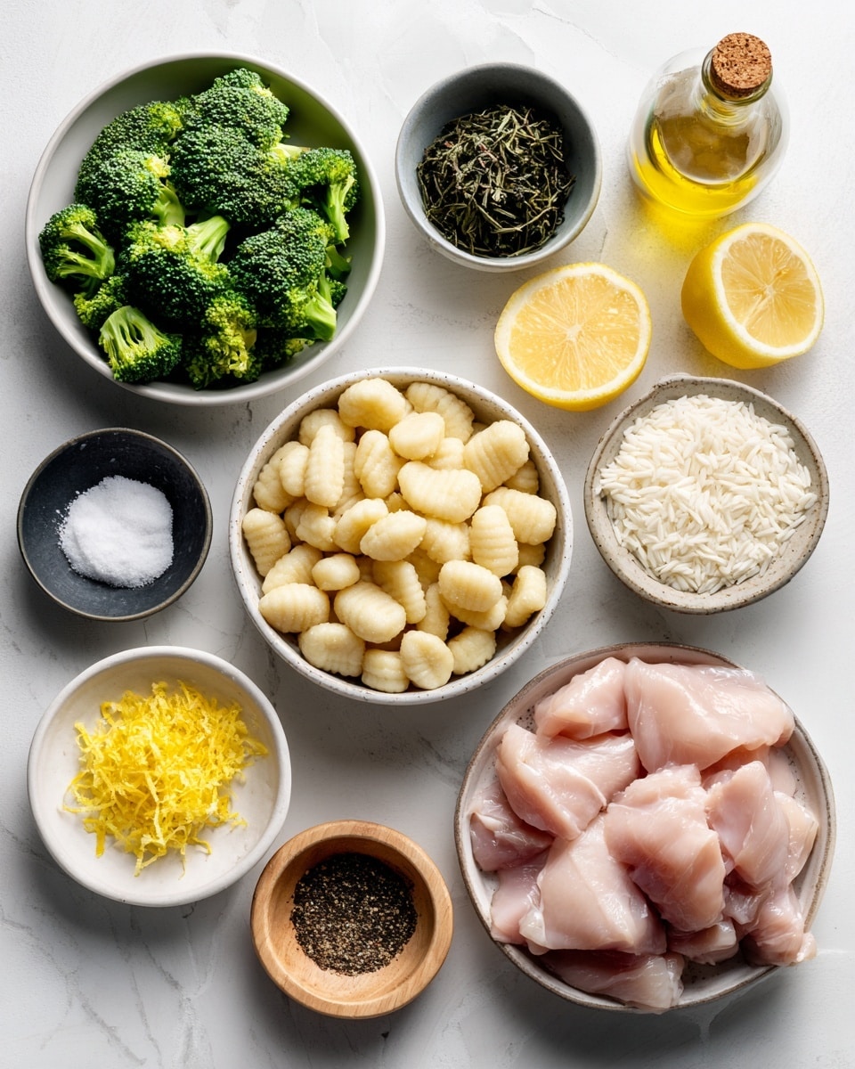 A white marbled surface holds several white bowls and containers with different ingredients arranged neatly. Starting at the top left is a bowl filled with fresh green broccoli florets. Below it, a small white bowl contains a dark green dried herb. Next to that bowl is a small black bowl with white salt. Moving right, there is a large white bowl filled with pale yellow gnocchi, soft and rounded. Above it sits a bottle of golden yellow olive oil next to three garlic cloves. To the right of the bottle is a small white bowl with bright yellow lemon zest and two lemon halves placed on top. Above this, a small white bowl holds fluffy white rice. On the far right, there is a large white bowl filled with cut light pink raw chicken pieces. In front of this bowl, a small wooden bowl contains black pepper. The overall look is clean and fresh. Photo taken with an iphone --ar 4:5 --v 7