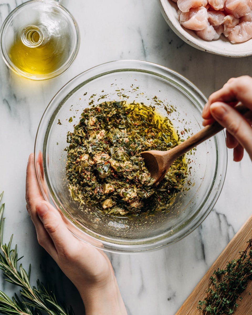 A clear glass bowl contains a mixture of green dried herbs and olive oil, with some spices visible on the sides. A woman's hand holds the bowl steady from the left side while another woman's hand stirs the mixture using a wooden spoon. The bowl is on a white marbled surface. To the top left of the bowl, there is a small clear glass container with olive oil and a sprig of fresh rosemary resting next to it. On the right side of the image, a white bowl holds small raw pieces of chicken meat. photo taken with an iphone --ar 4:5 --v 7