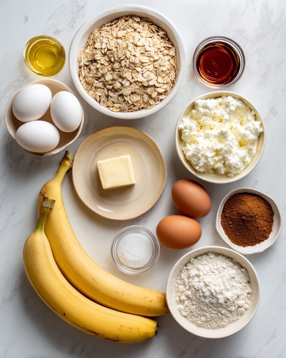 The image shows ingredients neatly arranged on a white marbled surface. There are two ripe bananas placed horizontally near the center. To the left, a white bowl is filled with light brown rolled oats, and a small beige plate holds a square piece of butter. Above the bananas, a white bowl is filled with white cottage cheese. Three brown eggs are positioned on the right side. Small glass containers hold clear golden oil, dark amber syrup, and light brown vanilla liquid. A white bowl on the right contains a mix of brown cinnamon, white flour, and white salt powders. The overall composition is bright and clean. Photo taken with an iphone --ar 4:5 --v 7