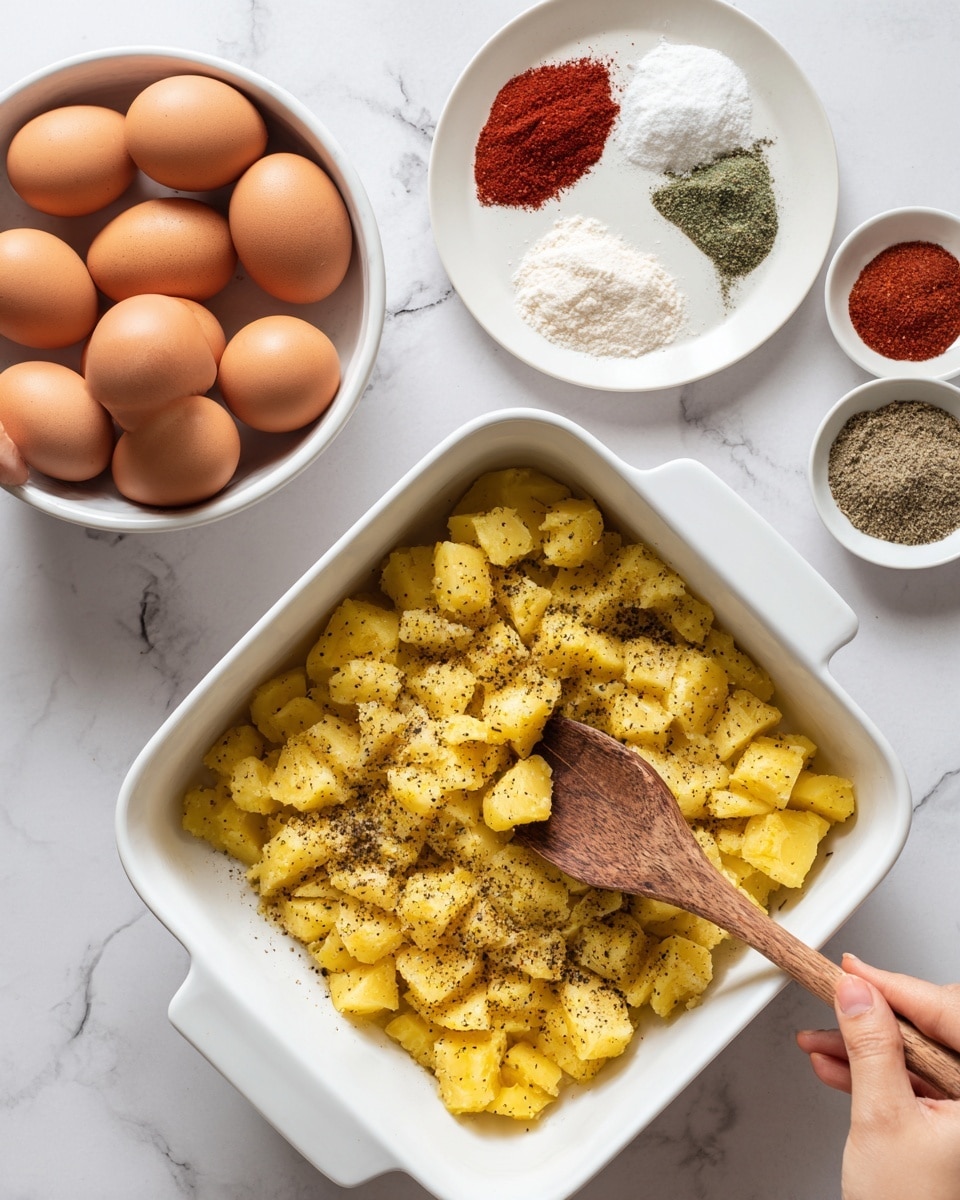 The image shows a white square baking dish filled with one layer of small, yellow potato cubes sprinkled with black pepper, with a woman's hand holding a wooden spoon stirring inside the dish. To the top left, there is a white bowl filled with seven brown eggs, and to the top right, a white plate holds six small piles of different spices including black pepper, white powder, red powder, and green powder. All items are placed on a white marbled surface. Photo taken with an iphone --ar 4:5 --v 7