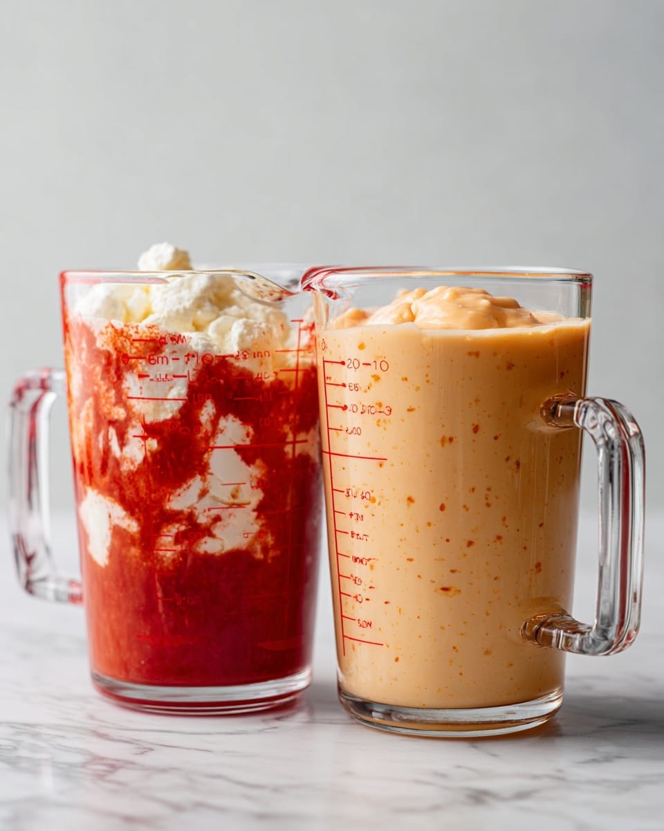Two clear glass measuring cups are shown side by side on a white marbled surface. The left cup contains a thick red liquid with several white creamy dollops on top, creating a textured look with patches of smooth and chunky areas. The right cup holds a smooth, pale orange liquid with tiny specks visible throughout, giving it a creamy and consistent texture. Both cups have clear handles and visible red measurement markings on their sides, with the liquids nearly reaching the same height. Photo taken with an iphone --ar 4:5 --v 7
