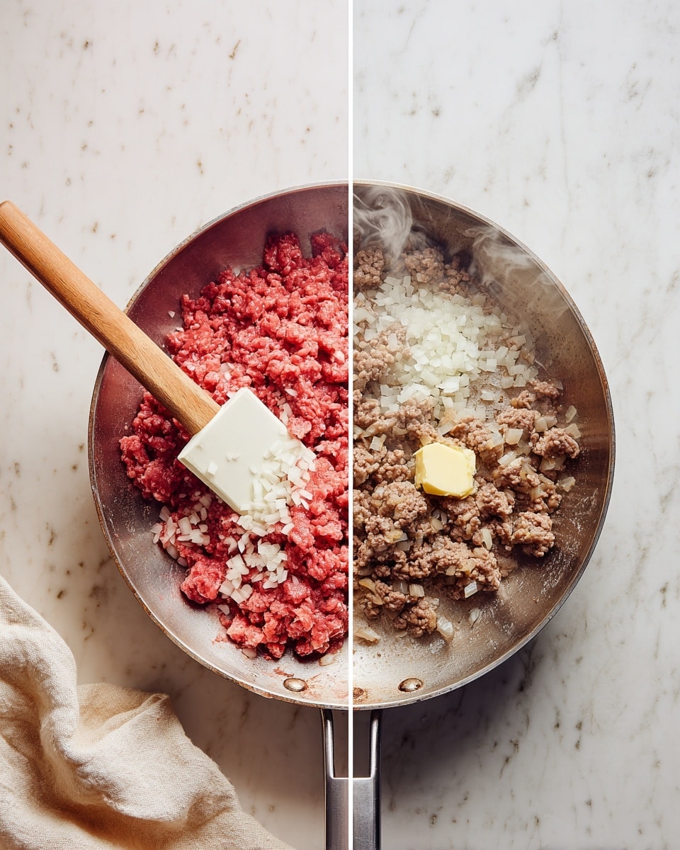 Two side-by-side images show a cooking pan on a white marbled textured surface. The left image has raw red ground meat with finely chopped white onions on top, being moved by a white spatula with a wooden handle, positioned diagonally inside a silver pan. The right image shows the same pan with cooked brown ground meat that is broken into small pieces, and a small light yellow dollop of butter placed near the center, with faint steam rising. A beige cloth is partly visible at the bottom left corner of both images. Photo taken with an iphone --ar 4:5 --v 7