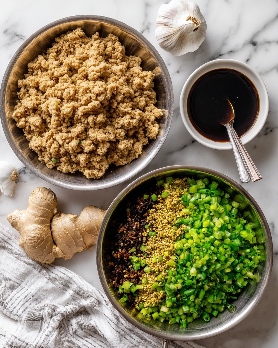 The image shows two metal pans side by side on a white marbled surface. The left pan holds one layer of cooked ground meat, dry and light brown in color with a crumbly texture. The right pan has the same layer of cooked ground meat, but on top there is a second layer of bright green chopped spring onions and small mustard-colored seeds scattered over the meat. Near the pans are garlic bulbs and ginger roots, with a white bowl containing dark soy sauce and a spoon positioned near the top right. A white and gray-striped cloth is partially visible at the bottom left. Photo taken with an iphone --ar 4:5 --v 7