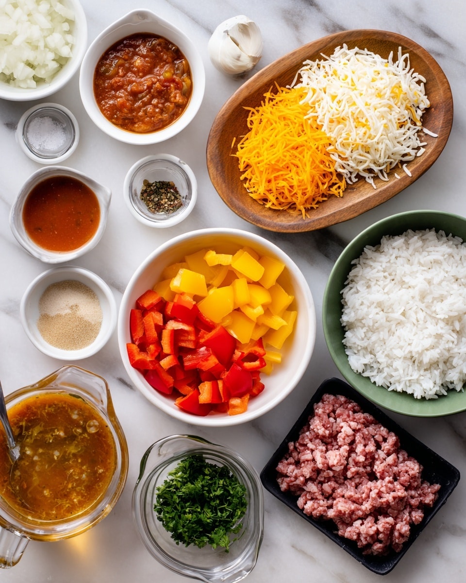 A top-down view shows several small bowls and containers arranged on a white marbled surface, each holding different cooking ingredients. In the center, a white bowl holds diced yellow and red bell peppers side by side. Above it, an oval wooden bowl contains two piles of shredded cheese, one orange and one white. To the left, a small bowl holds chopped white onions. Below the peppers, a green bowl is filled with fluffy white rice. On the lower right, there is a black tray filled with raw ground meat. Other small bowls contain spices, tomato paste, salt and pepper, minced garlic, mustard, fresh parsley, and a glass measuring cup is filled with tomato sauce. Another small container holds a light brown powder, and a glass pitcher contains a yellow broth with minced ingredients floating inside. The colors of the ingredients create a vibrant and fresh look. Photo taken with an iphone --ar 4:5 --v 7