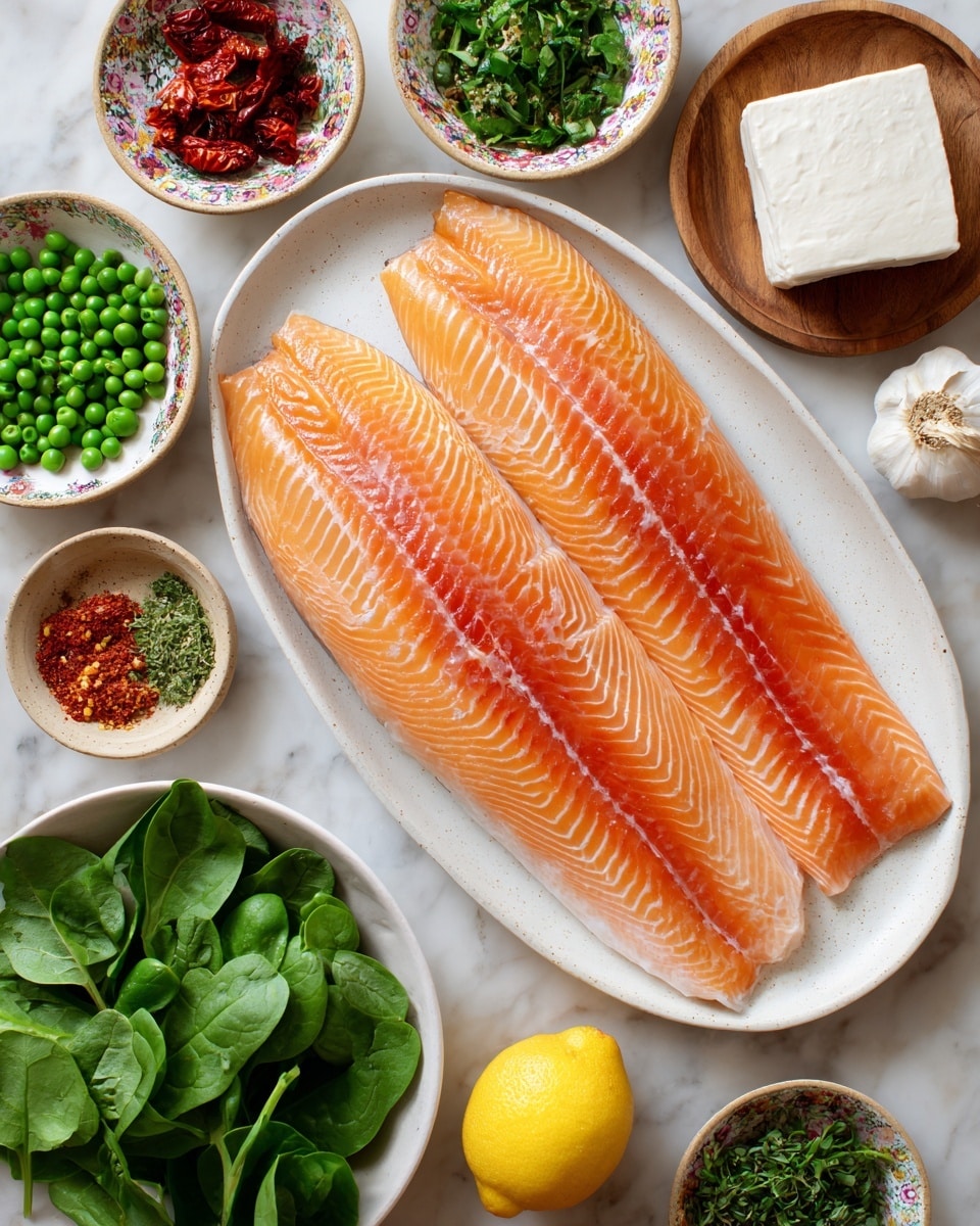 Two large orange fish fillets with white lines lie flat side by side on a white oval plate in the middle of the image. Around the plate are small white bowls with green peas, dried red tomatoes, and spices, a wooden bowl with white cream, a square of white tofu on a wooden bowl, and a patterned bowl filled with fresh green spinach leaves. A whole yellow lemon and scattered spinach leaves are placed on the white marbled background. A single garlic clove is near the cream bowl, and a small pile of green herbs is on another white bowl. photo taken with an iphone --ar 4:5 --v 7