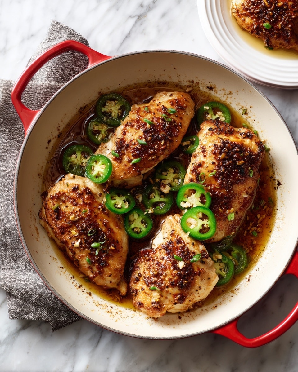 A white pan with red handles holds four pieces of golden brown cooked chicken, each piece showing browned and slightly crispy texture on top with some oil and seasoning around them. Next to it, the same pan contains a single piece of chicken browned similarly, but with several bright green sliced jalapeño rings scattered on top along with small bits of garlic, resting in browned oil and seasoning. Both pans are set on a white marbled surface with a folded gray cloth nearby, and a white plate with one piece of chicken is partially visible in the top right corner of the second image. Photo taken with an iphone --ar 4:5 --v 7