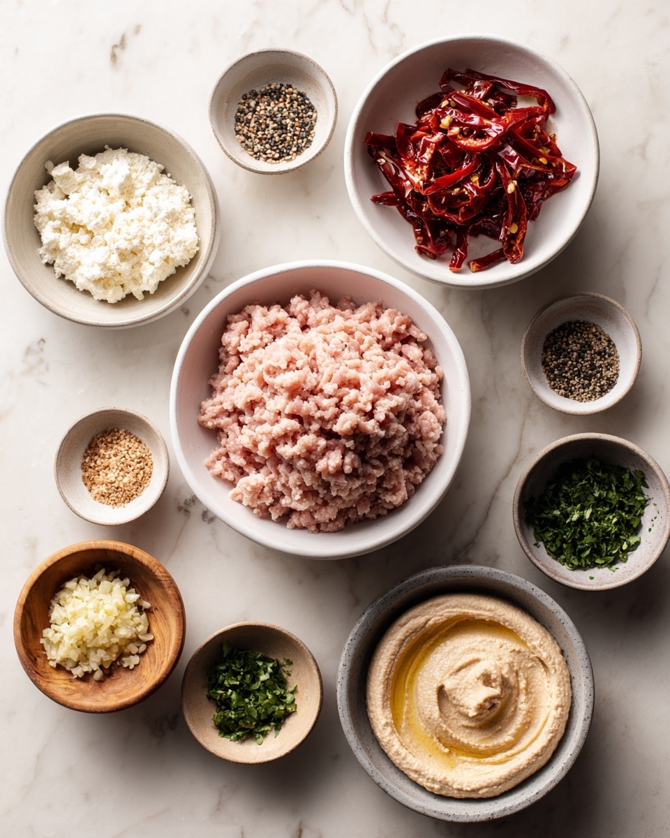 A top view of eight bowls arranged on a white marbled surface, each holding different ingredients for cooking. In the center is a large bowl filled with light pink ground meat. Above it, a white bowl with toasted red pepper strips showing a slightly shiny texture and some dark char marks. To the left near the top is another bowl containing soft white crumbled cheese. On the bottom right is a bowl with smooth pale beige hummus, textured with swirls. Nearby are smaller bowls containing finely chopped bright green herbs, light yellow minced garlic, finely grated pale cheese, a blend of black and white dried spices, and tiny black sesame seeds. All bowls are white except one light brown wooden bowl and one grey bowl, all placed on a softly lit white marbled surface. Photo taken with an iphone --ar 4:5 --v 7