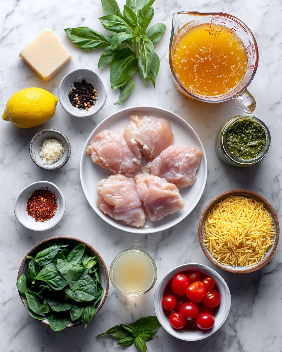 Two round gray pans with food sit on a white marbled surface. The left pan holds four cooked chicken pieces with a golden brown color, each speckled with herbs and spices, arranged in a rough circle with some cooking juices pooled around them. The right pan shows many cherry tomatoes, about half whole and half sliced in half, bright red and juicy, spread evenly across the pan’s surface with some oil shining above the gray pan bottom. A white cloth with gray stripes lies nearby. Photo taken with an iphone --ar 4:5 --v 7