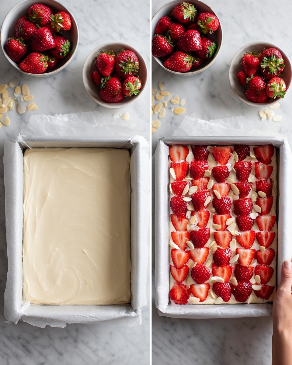 The image shows two stages of making a dessert in a rectangular baking pan lined with white parchment paper on a white marbled surface. On the left, the pan holds one thick layer of smooth, pale cream batter, evenly spread out. On the right, the same pan is filled with the same cream layer, now topped with bright red strawberry halves arranged in rows and sprinkled with thin pale beige almond slices. A woman's hand is gently holding the side of the pan in the right part of the image. There are bowls with whole strawberries and almond slices placed near the pan on the surface. photo taken with an iphone --ar 4:5 --v 7