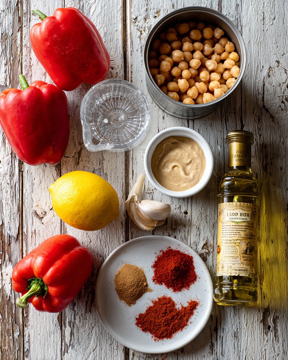 The image shows raw ingredients on a rustic wooden surface with a white marbled texture: two bright red bell peppers, one at the top left and one in the middle, a whole bright yellow lemon near the bottom left, a clear glass lemon squeezer below the lemon, an open can full of beige chickpeas centered at the top, a white small cup filled with creamy beige tahini sauce to the right of the can, a single garlic clove beside the cup, a small clear glass bottle of olive oil with a gold label and greenish liquid leaning on its side near the center right, and a white plate at the bottom right holding two piles of powdered spices, one red and one brown. photo taken with an iphone --ar 4:5 --v 7