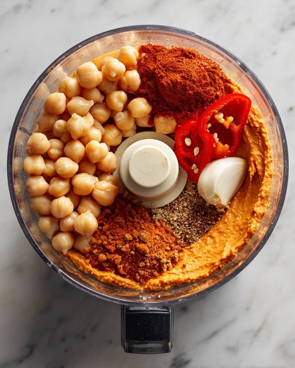 The first part of the image shows a clear food processor bowl on a white marbled surface, filled with layers of ingredients: light beige chickpeas at the bottom, a whole white garlic clove near the center, bright red roasted red pepper slices on the left side, and a small heap of reddish-brown spices on the right. The second part shows the inside of the food processor with the ingredients blended into a smooth, thick orange paste with small red flecks, the black blade slightly visible in the middle. Photo taken with an iphone --ar 4:5 --v 7