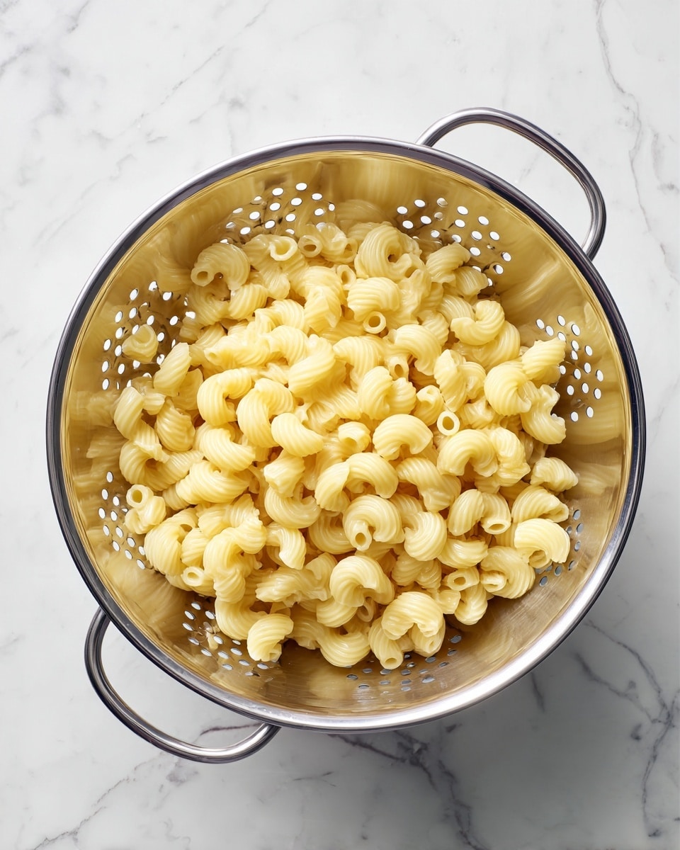 A top view of a metal colander filled with cooked elbow macaroni pasta. The shiny silver colander has small round holes and two handles on each side. The pasta is pale yellow and looks soft and slightly shiny from water. The colander sits on a white marbled surface with some cracks and lines visible around it. photo taken with an iphone --ar 4:5 --v 7