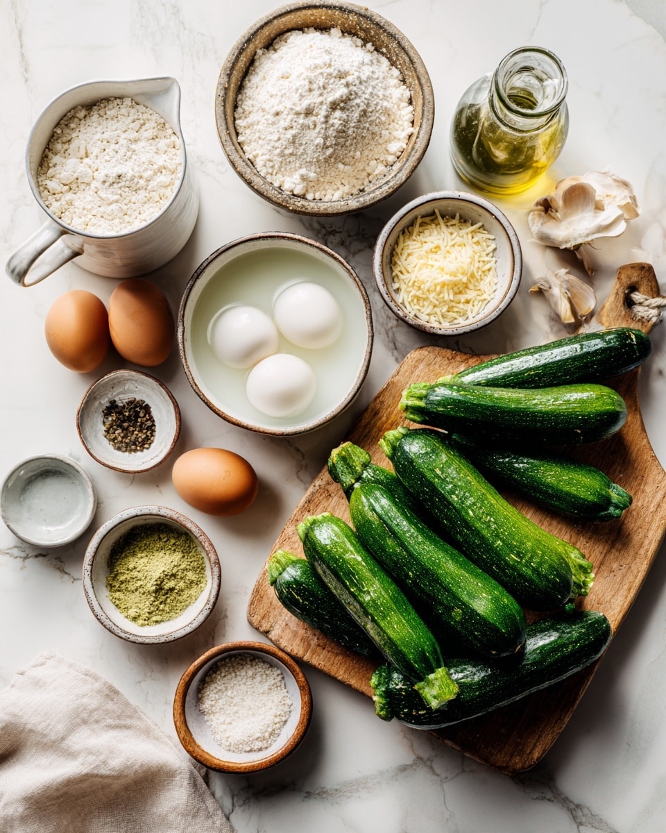 The image shows four round bowls on a wooden surface, each filled with different ingredients. The top left bowl contains green zucchini slices with pale yellow centers, arranged loosely. The top right bowl is white and holds a small pile of white flour, smooth in texture. The bottom right metal bowl is filled with light beige breadcrumbs speckled with green herbs. The bottom left metal bowl has a beaten egg mixture with a yellow frothy surface. To the right side on the wooden surface is a white cutting board with a small wooden tool resting on it. Photo taken with an iphone --ar 4:5 --v 7