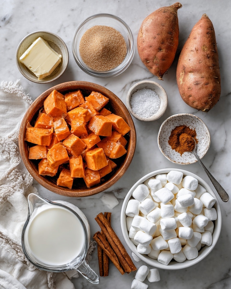 The series shows six stages of a sweet potato dish preparation. The first image shows orange sweet potato pieces boiling in a large black pot with water bubbling around them. The second image shows mashed pieces of cooked sweet potato in a clear white bowl on a white marbled surface. The third image shows the sweet potatoes fully mashed into a smooth orange puree in the same clear white bowl. The fourth image shows the orange puree evenly spread inside a white rectangular baking dish with handles on both sides. The fifth image shows a layer of small white mini marshmallows spread evenly on top of the orange puree in the baking dish. The last image shows the mini marshmallows toasted to a light golden brown color, melted and puffed, covering the orange layer fully in the baking dish. Photo taken with an iphone --ar 4:5 --v 7