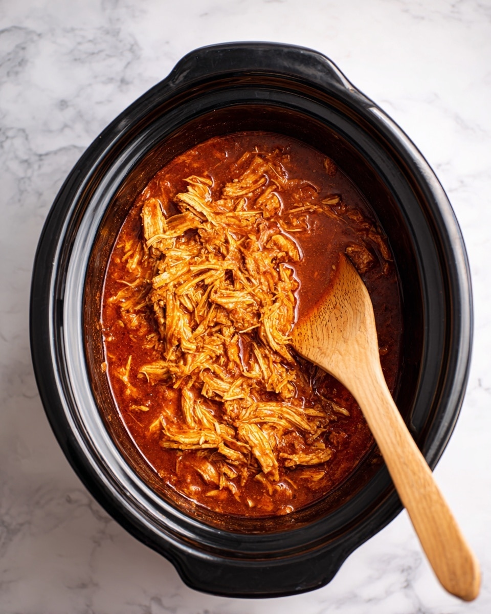 Inside a black slow cooker, there is one layer of shredded cooked chicken soaked in a thick reddish-brown sauce. The chicken texture is fibrous and moist, with strands clumped together in the sauce. A wooden spoon rests on the right side, stirring the chicken gently. The slow cooker sits on a white marbled surface. photo taken with an iphone --ar 4:5 --v 7