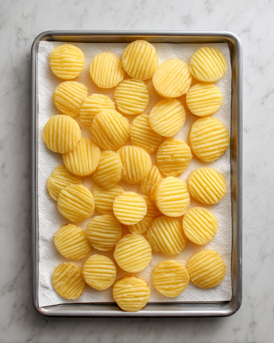 The image shows a metal baking tray lined with white paper towels, placed on a white marbled surface. On the tray, there are many round, ridged yellow slices of potatoes spread evenly in a single layer. The potato slices vary slightly in size but are carefully arranged so they do not overlap. The overall look is neat and organized. Photo taken with an iphone --ar 4:5 --v 7