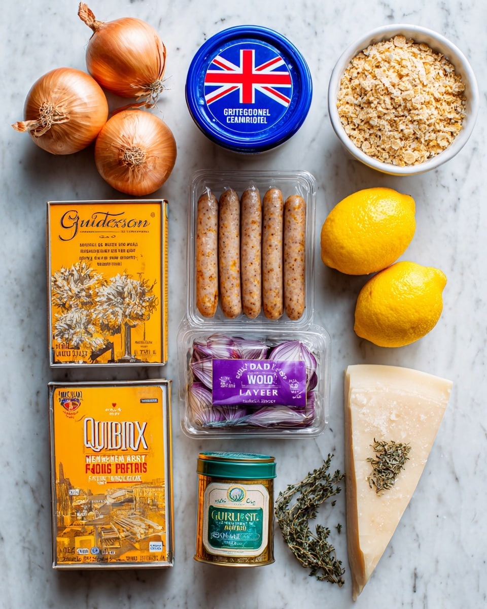 A metal tray on a white marbled surface holds various cooking ingredients neatly arranged in rows. On the top left is a whole golden brown onion with its roots intact, next to a round blue container of fresh British crème fraîche with a Union Jack design on the lid. To the right is a white bowl filled with crushed crackers or breadcrumbs. Below the onion is a whole bright yellow lemon, followed by a box of Quixo chicken stock cubes in orange and yellow packaging. In the center is a clear plastic pack of six caramelized onion pork sausages with a purple label showing red onions. Below this is a can of butter beans with a beige label, and next to it a small green jar of dried thyme. On the far right is a triangular white wedge of Grana Padano cheese with green accents on the packaging, and near the bottom right corner is a small garlic bulb with purple streaks. photo taken with an iphone --ar 4:5 --v 7