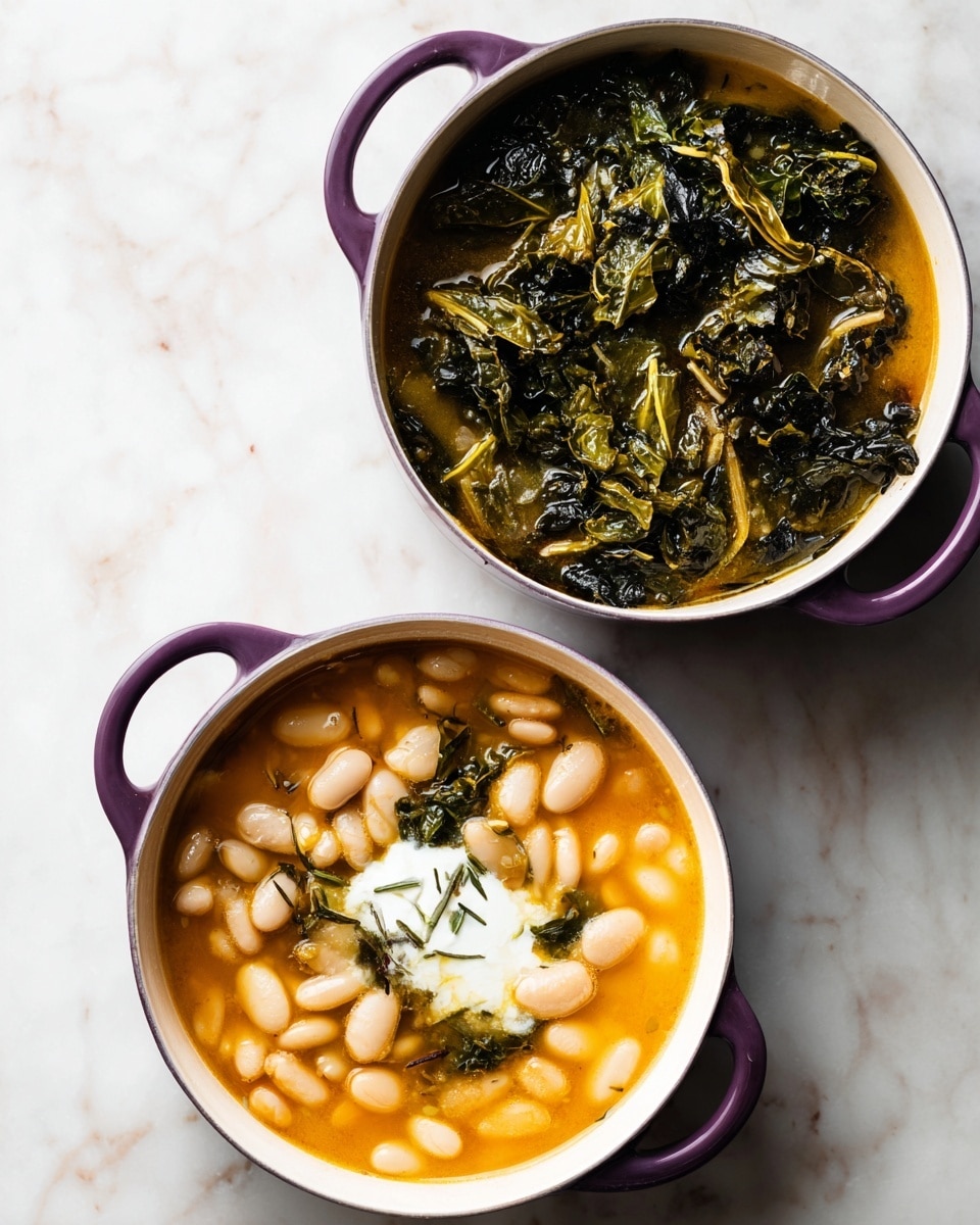 The image shows two white pots with purple handles on a white marbled surface. The first pot is filled with a light orange broth with white beans floating on top, creating a smooth, layered look with the beans mainly concentrated in the middle. The second pot displays a mix of white beans, dark green leafy vegetables, and a light dollop of white cream on top, all sitting in a similar orange broth. The beans and vegetables create a textured, uneven layer with the cream sitting in the center, slightly melting into the soup. Photo taken with an iphone --ar 4:5 --v 7
