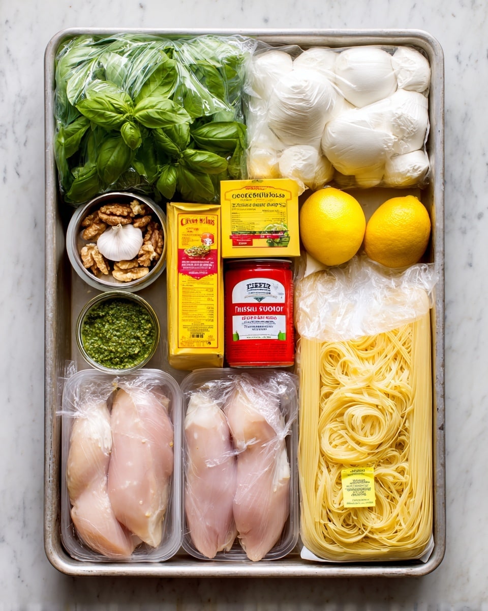 A rectangular metal tray holds various cooking ingredients arranged neatly. In the back row, from left to right, there is a clear green plastic bag filled with fresh green basil leaves, a white bag of Italian mozzarella cheese on the right, and a bright yellow lemon beside it. In the middle row, from left to right, there's a yellow bag of creamy walnuts with visible nuts inside, a red and white container of fresh British single cream in the middle, and a bright orange box of chicken stock next to the lemon. In the front row, from left to right, there is a round garlic bulb, a glass jar of green basil pesto with a red lid, a clear plastic pack containing two raw chicken fillets showing light pink meat with a yellow label on top, and a tall white bag of tagliatelle pasta with a clear window showing the light yellow pasta nests inside. All items rest on the metal tray, which is placed on a white marbled surface. photo taken with an iphone --ar 4:5 --v 7