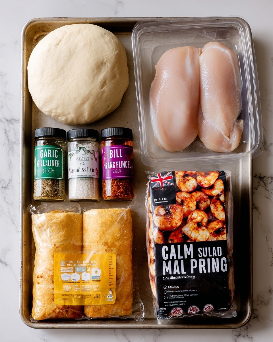 A metal tray holds several food items arranged neatly on a white marbled surface; on the top left is a round, pale dough ball with a smooth texture; below it are three small seasoning jars with green, magenta, and white caps labeled garlic granules, cajun seasoning, and chili & garlic seasoning; to the right of the dough, a clear plastic container holds two raw chicken fillets with the label showing a British flag; below the seasonings, a pack of eight wheat and corn tortillas in yellow packaging with an image of rolled tortillas filled with meat is visible; next to the tortillas on the bottom right is a black package labeled