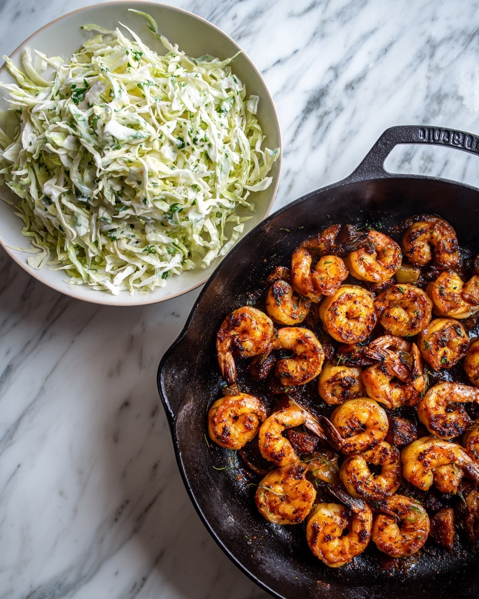 A black cast iron pan sits on a white marbled surface filled with cooked shrimp and small browned pieces of seasoned meat, both having a warm orange-brown color, some shrimp curled and others straight, with steam rising slightly, creating a sizzling effect. Next to the pan is a white bowl on the same white marbled surface, filled with a creamy white coleslaw mix, showing thinly shredded cabbage coated in a light dressing with visible small green herb bits spread evenly throughout. Photo taken with an iphone --ar 4:5 --v 7