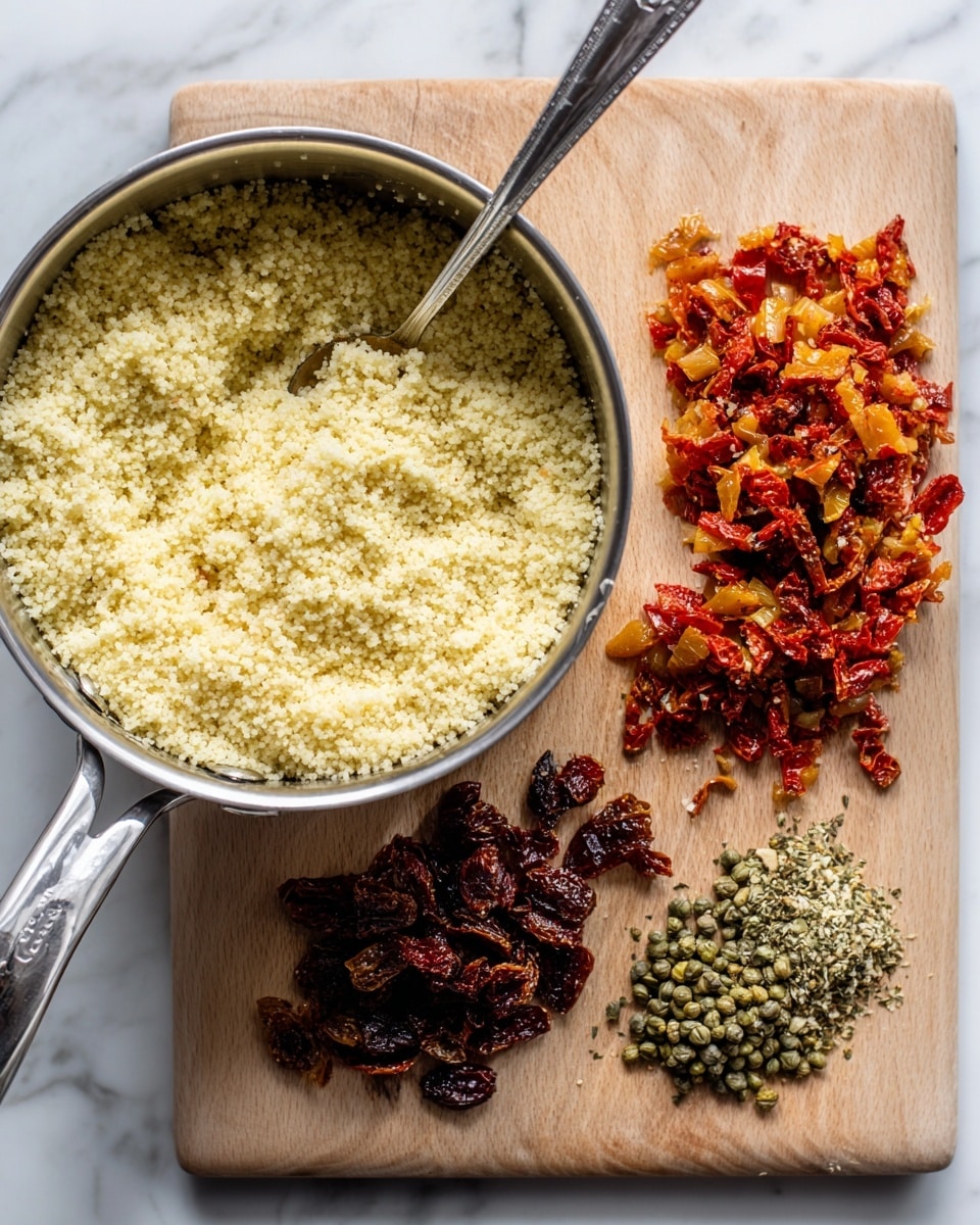 The image shows two side-by-side parts: on the left, a silver pot filled with light yellow couscous that has a fluffy texture, with a metal spoon resting inside. The couscous fills the pot about halfway and has a soft, grainy look. On the right, a white marbled cutting board holds three piles of chopped ingredients: slightly roasted red and orange peppers with a shiny and smooth surface, dried sun-dried tomatoes that look wrinkly and dark red, and green capers with a small round shape and a matte finish. The background is a white marbled surface. photo taken with an iphone --ar 4:5 --v 7