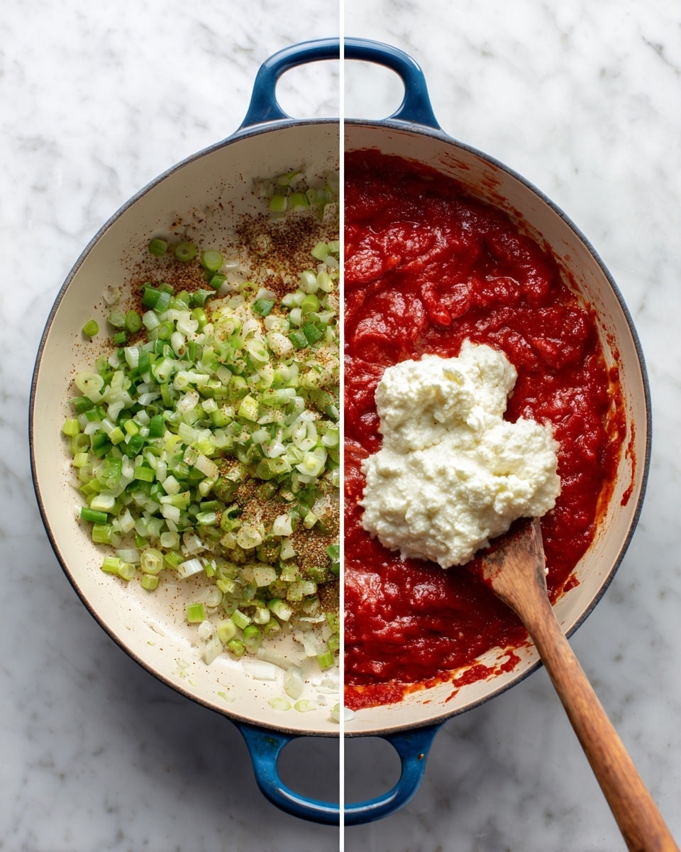 The image shows two side-by-side photos of a white enameled pan with a blue handle on a white marbled surface. The left photo has a layer of cooked diced green onions with a bit of brown seasoning spread unevenly in the pan. The right photo shows a layer of thick, bright red tomato sauce filling the pan with a wooden spoon in it. On top of the sauce is a mound of creamy white substance, likely sour cream or cheese, being mixed with the sauce by the spoon. photo taken with an iphone --ar 4:5 --v 7