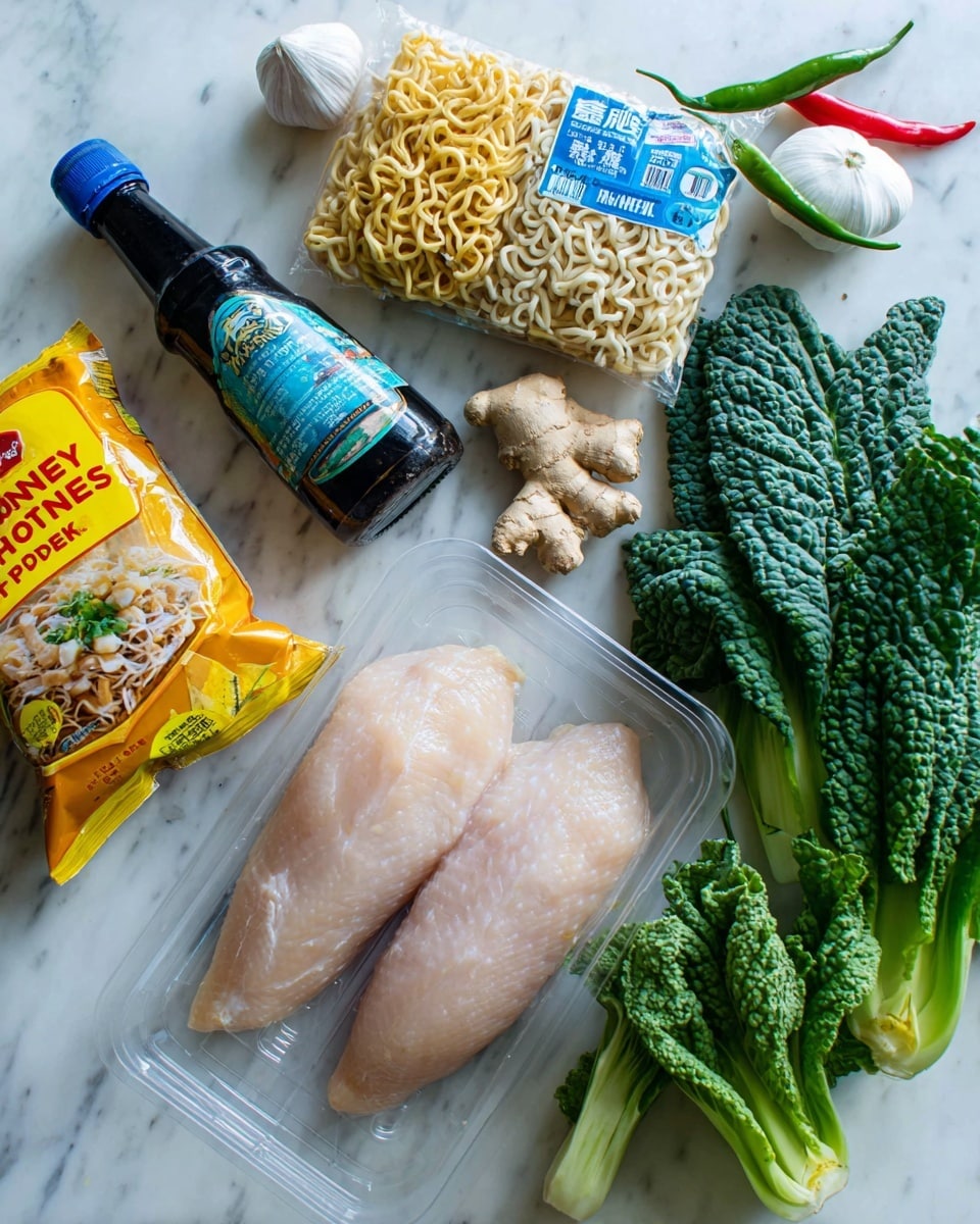The image shows various raw ingredients laid out on a white marbled surface. At the bottom center is a clear plastic tray holding two pale pink chicken fillets with a label on top. To the right are fresh green leafy vegetables with a crinkled texture. Above the chicken, there is a pack of blue and white noodles with visible curled egg noodles inside. To the left of the noodles, there is a bright orange bag of honey roast peanuts with bold yellow text. Near the center are fresh garlic bulb, ginger piece with a rough beige skin, a red chili, and a green chili pepper. On the far left is a dark bottle of soy sauce with a blue label. The items are arranged so that the chicken is front and center, with the vegetables and noodles framing it on the right and the other ingredients on the left. Photo taken with an iphone --ar 4:5 --v 7