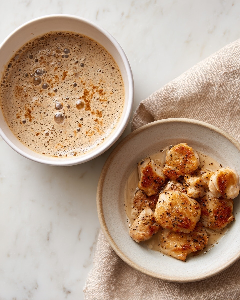 The image on the left shows a close-up of a white pot with browned bits and a layer of light brown liquid and some small bubbles at the bottom, giving a textured, slightly frothy look. The surface inside the pot is rough and coated with these browned marks scattered unevenly. The image on the right shows a round white plate with five pieces of cooked chicken arranged loosely. The chicken pieces have a golden-brown color with some darker browned spots and a lightly textured surface, with some black pepper sprinkled on top; the plate sits on a beige cloth on a white marbled background. Photo taken with an iphone --ar 4:5 --v 7