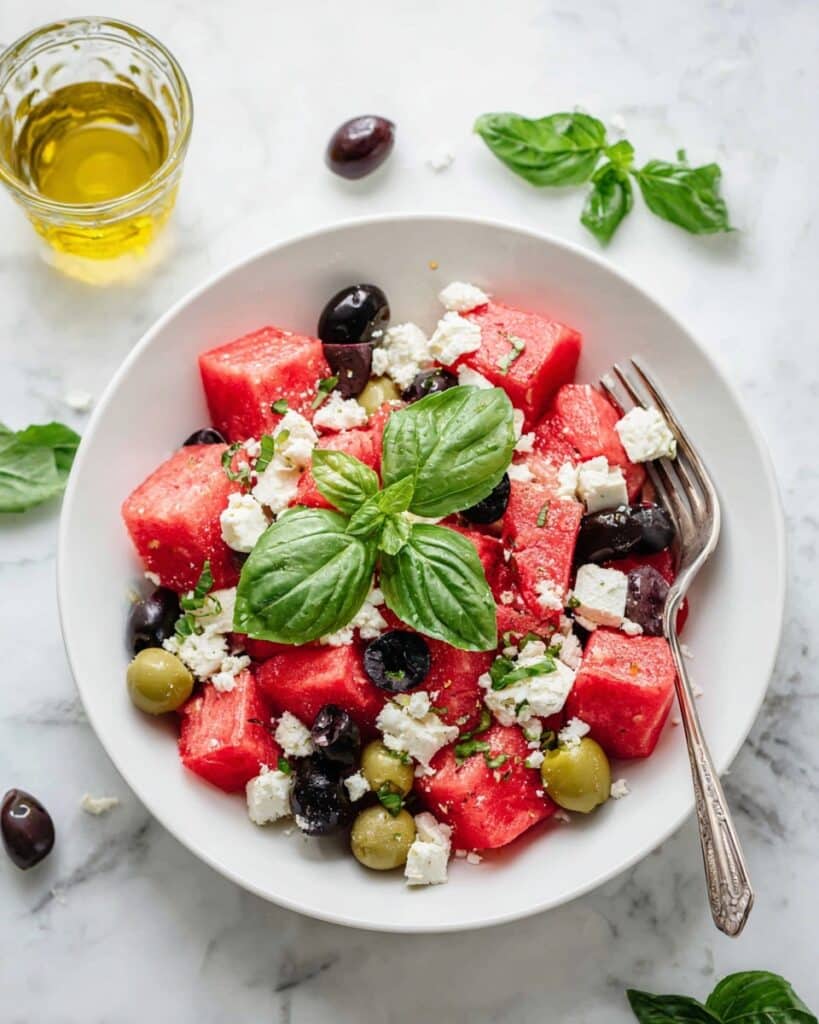 Greek Watermelon Feta Salad With Basil Dressing Recipe