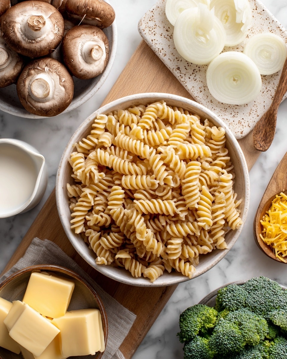 The image shows a white pot filled with creamy pasta that has a curly, ridged shape. Mixed evenly throughout are bright green broccoli florets and dark brown sliced mushrooms. The sauce is thick, light in color, and coats the pasta and vegetables well. There is a light sprinkling of grated cheese on top along with some black pepper. A wooden spoon is resting in the pot on the right side, partially submerged in the pasta. The pot sits on a white marbled surface with a light brown cloth seen below it and small white and red bowls with grated cheese off to the upper sides. Photo taken with an iphone --ar 4:5 --v 7