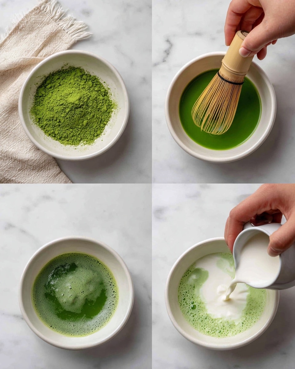 The image shows four steps of making matcha in white bowls on a white marbled surface. The first step shows bright green matcha powder and some water in one white bowl, with a beige whisk and a white cloth beside it. The second step shows a woman’s hand using the wooden whisk to mix the matcha powder into a thick green liquid in the same bowl. The third step shows the green matcha liquid, smooth and shiny, in another white bowl with some green powder visible at the top edge. The last step shows white milk being poured into the green liquid in the bowl, creating a pale green foamy mix. photo taken with an iphone --ar 4:5 --v 7